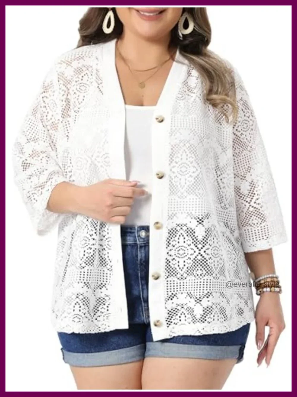 Women's Plus Size Crochet Hollow Out Knit Cardigan 3/4 Sleeve